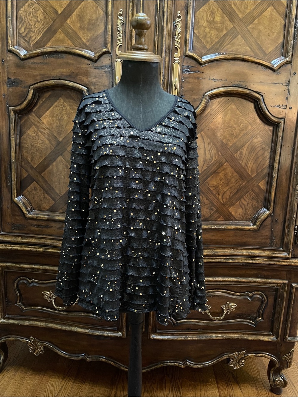 Reba Black Layered Ruffle V-Neck Sweater with Gold Sequins